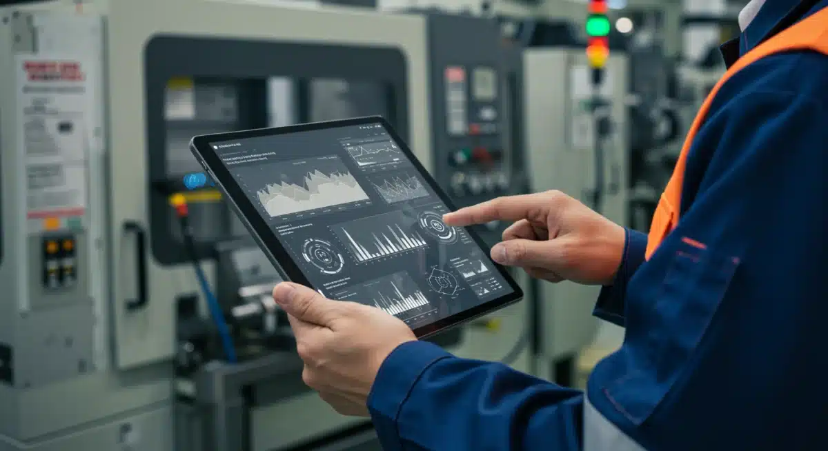 工厂工人通过平板电脑查看工业数据分析和机器性能指标。