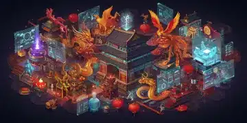 一幅生动的数字艺术作品，展示了中国传统文化元素与现代数字技术的融合，象征着文化复兴。