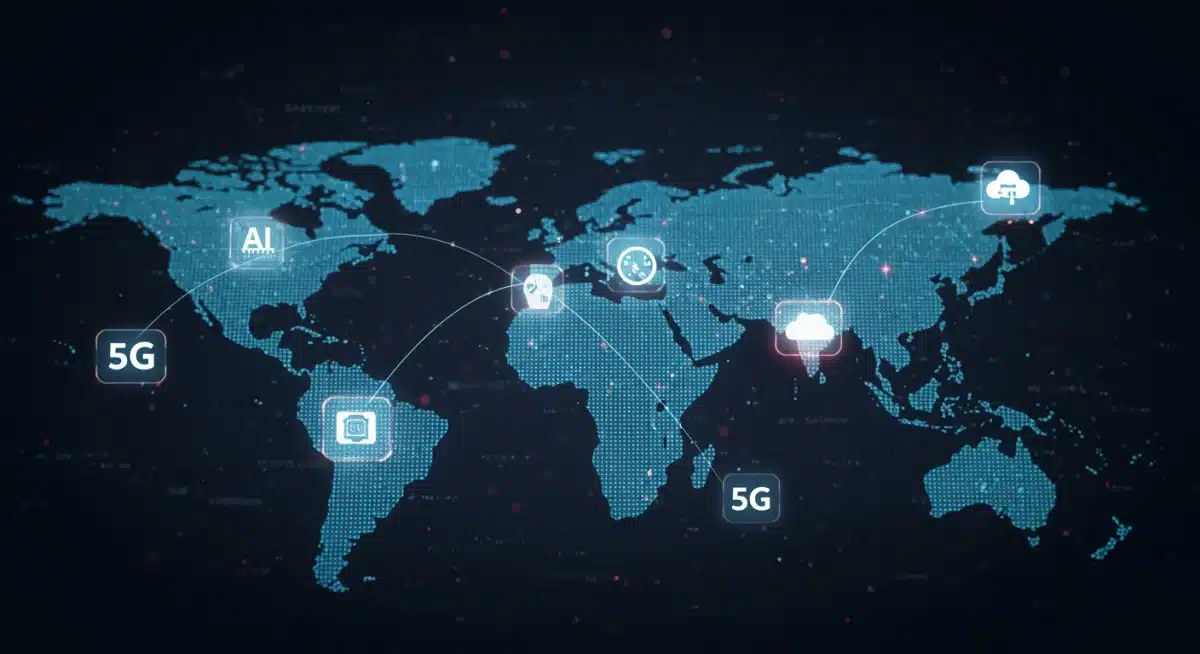 展示人工智能、区块链、云计算和5G等核心数字技术如何驱动全球经济增长的动态信息图。