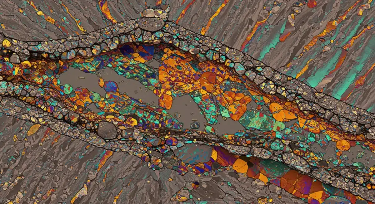 新型合金微观结构特写，展示其增强寿命的晶粒和相