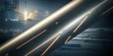 闪耀的新型航空航天合金部件，背景是中国高科技航空设施