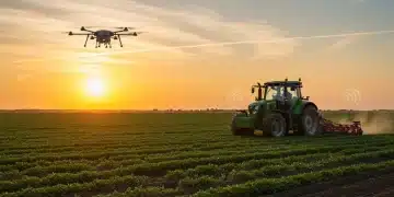 夕阳下的智慧农田，无人机与AI拖拉机协同作业，预示着农业科技的未来。