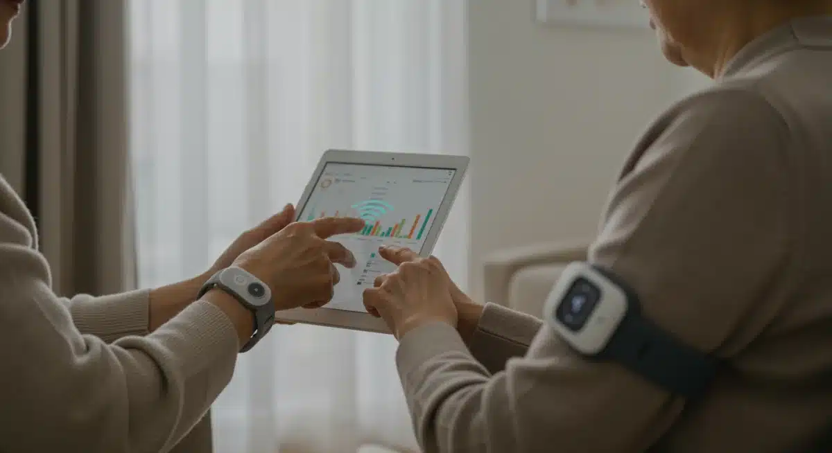 老年人在智能家居中使用可穿戴设备进行远程健康监测。