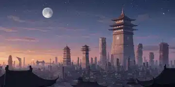 描绘未来中国城市景观，融合传统与现代元素，象征中国科幻文学的崛起与全球影响力。