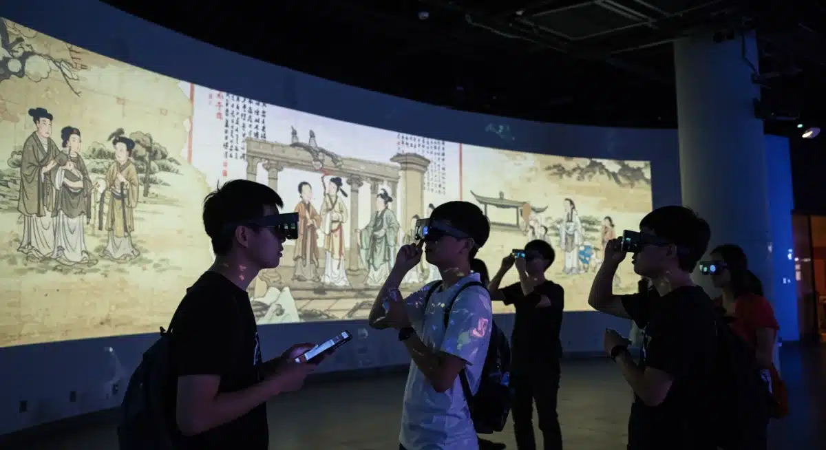 一群年轻人通过增强现实技术与沉浸式数字艺术装置互动，体验中国传统水墨画的魅力。