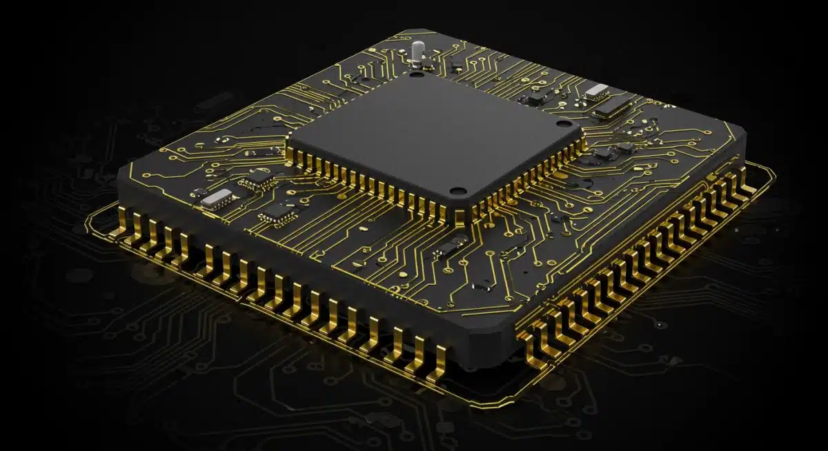 复杂精密的集成电路图，象征半导体技术作为中国科技自立自强基石的重要性。