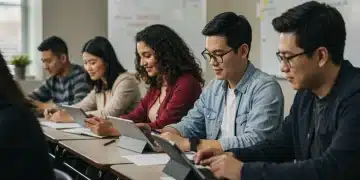 Adult students learning in a modern classroom with laptops and tablets, representing federal education programs.