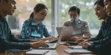 Students engaging with advanced online learning platforms and holographic interfaces