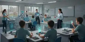 Students interacting with AI learning tools in a modern classroom