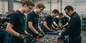 Diverse apprentices learning skilled trades in a modern workshop, representing 2025 initiatives.