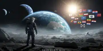 Astronaut on moon with Earth and international flags in background, symbolizing global space policy.