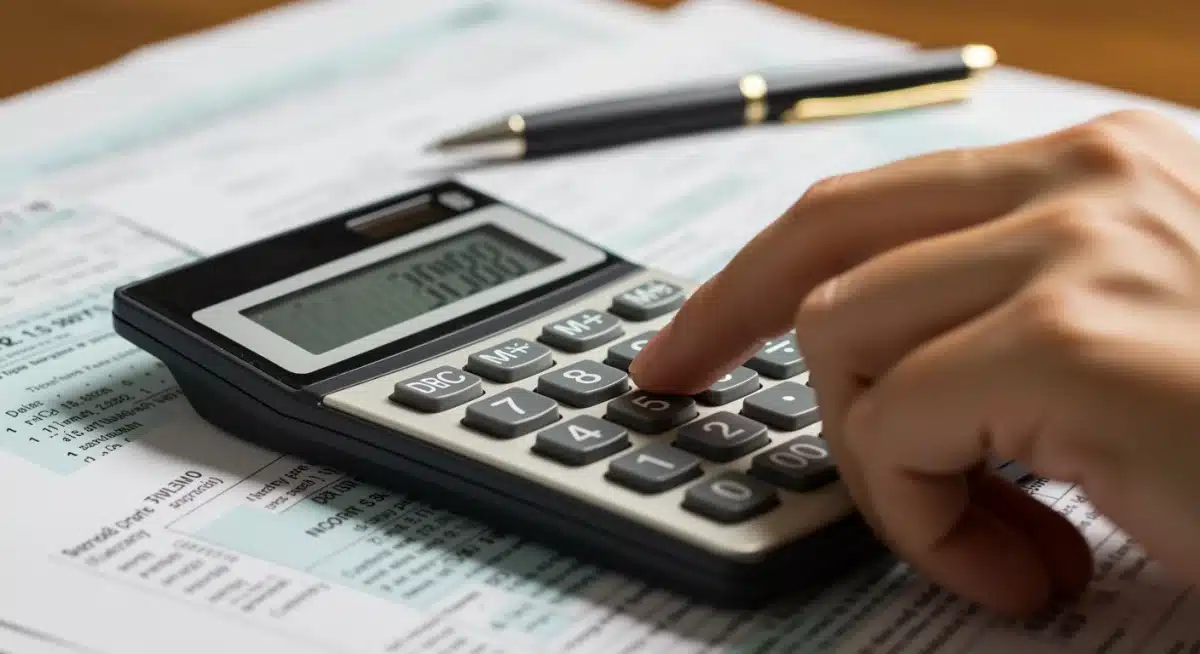 Hand using calculator to assess EITC income limits and tax benefits