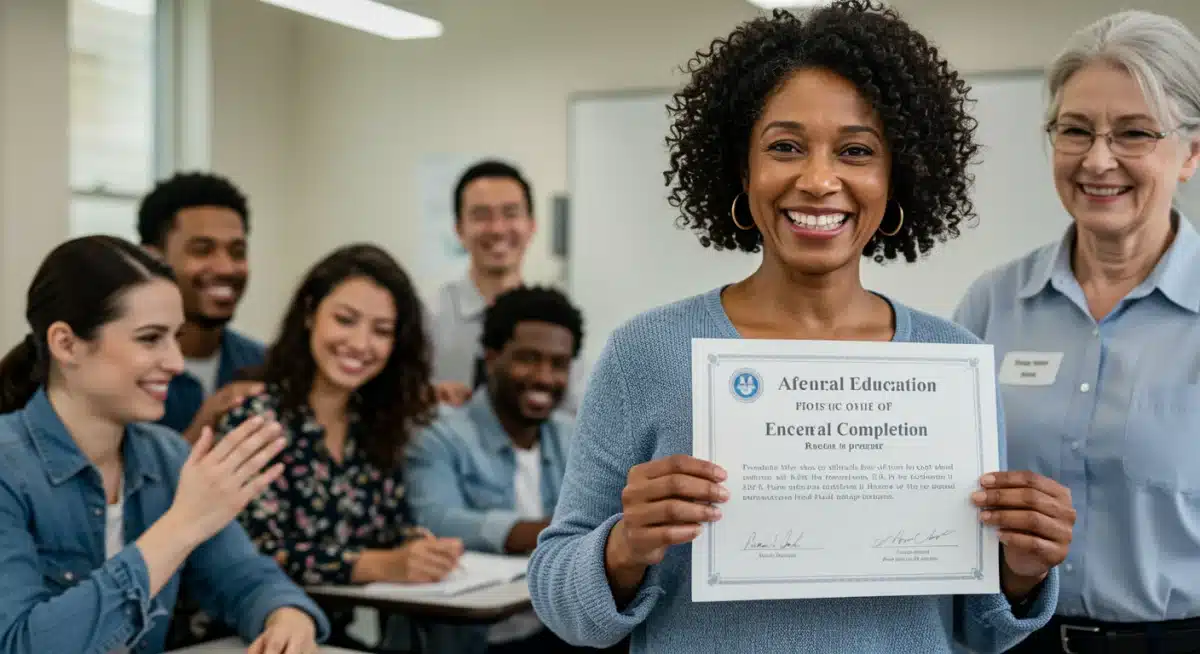 Woman holding certificate after completing federal adult education program, symbolizing career success.