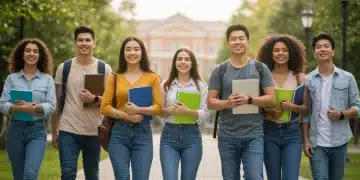 Diverse students on campus with books, symbolizing educational success and scholarship opportunities.