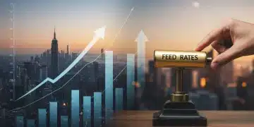 Navigating 2025 Economic Shifts: Fed Rate Impact on Investments Economic graph with rising trend and hand adjusting Fed rates lever