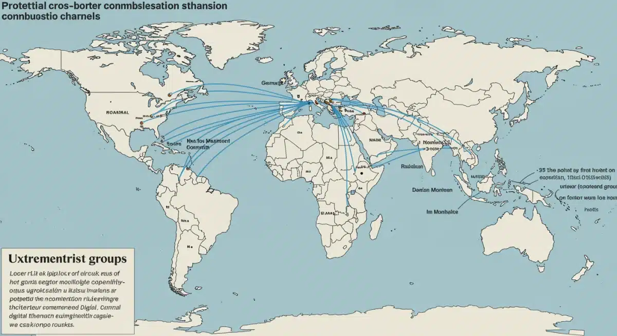 Infographic of interconnected global extremist networks and their operational reach
