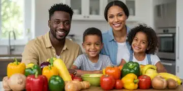 Enhanced SNAP Benefits 2025: Eligibility & Application Guide Family enjoying a healthy meal with fresh groceries, symbolizing food security.