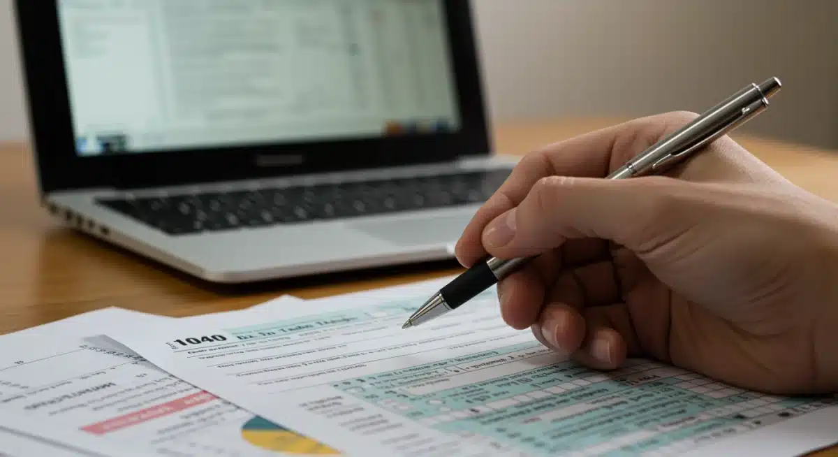 Hand filling out tax forms with a pen, laptop in background, emphasizing meticulous tax credit application.