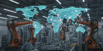 Futuristic US manufacturing facility with robotic arms and global trade data overlays.