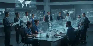 Global health security professionals collaborate in a high-tech command center for pandemic preparedness