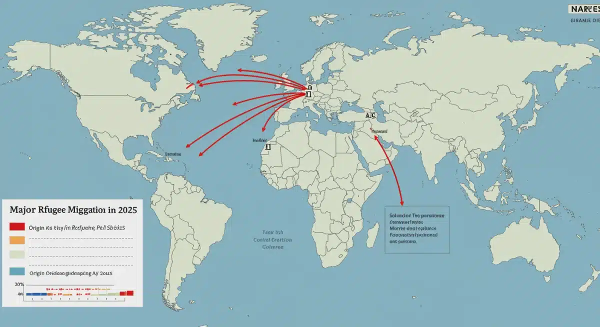 Infographic detailing global refugee migration routes and US immigration flows in 2025