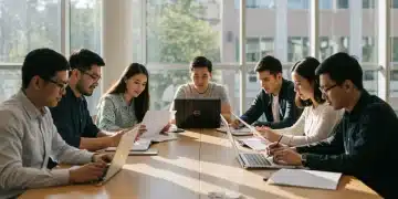 Graduate students collaborating on research in a university library