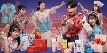 国潮品牌渗透率:文化自信在当代中国的具体体现 展示现代国潮品牌的活力场景,包括带有传统图案的服装、创新科技产品和文化包装的美妆产品。