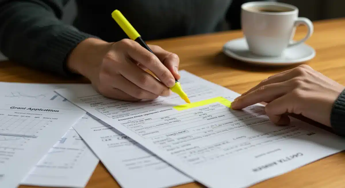 Hand highlighting crucial information on a grant application form