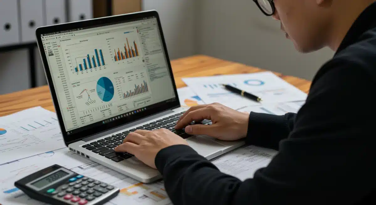 Investor analyzing financial data and tax implications on a laptop