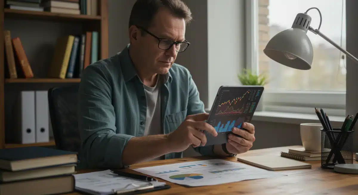 Individual investor analyzing digital financial charts on a tablet in a home office.