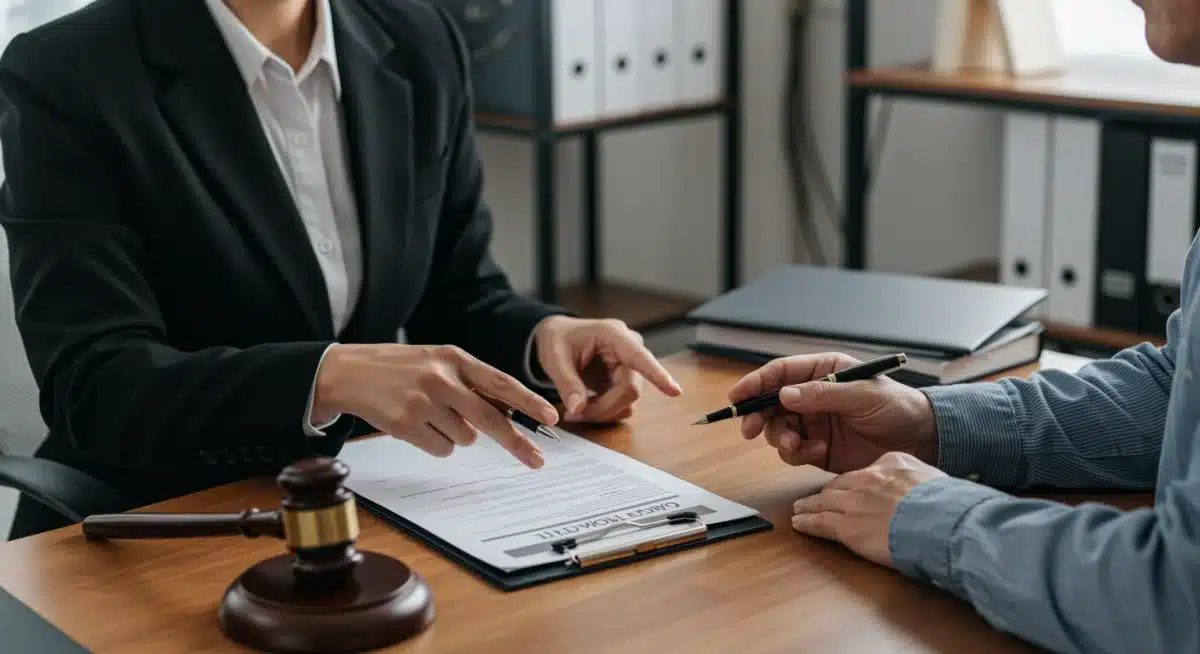 Attorney explaining workers' compensation documents to injured worker