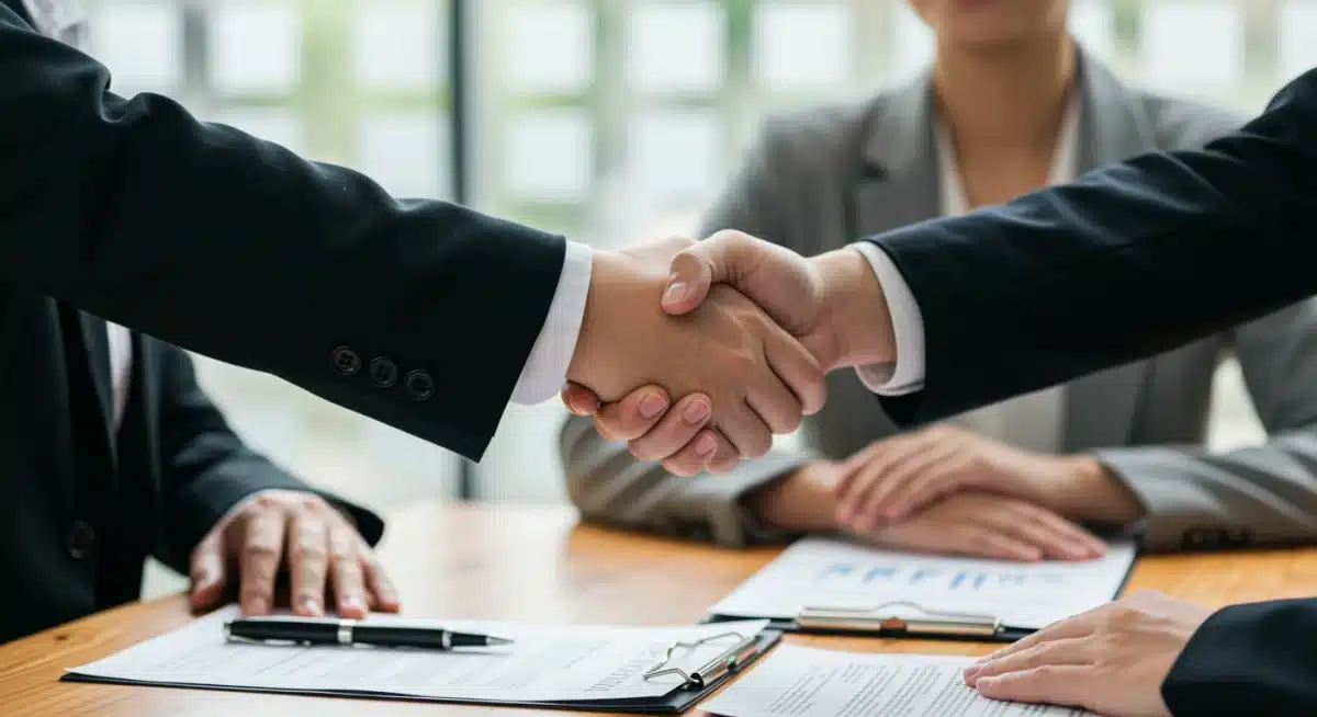 Business professionals shaking hands, symbolizing a successful private equity or venture capital deal.