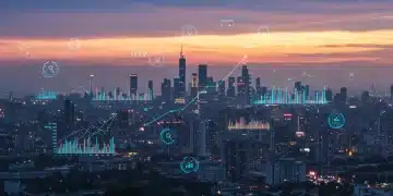 Futuristic skyline with digital market data overlays, symbolizing Q1 2025 market growth