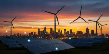 Illustration of renewable energy infrastructure with solar panels and wind turbines