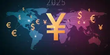 人民币符号与全球贸易路线交织，象征人民币国际化进程及其在全球贸易结算中的影响力。