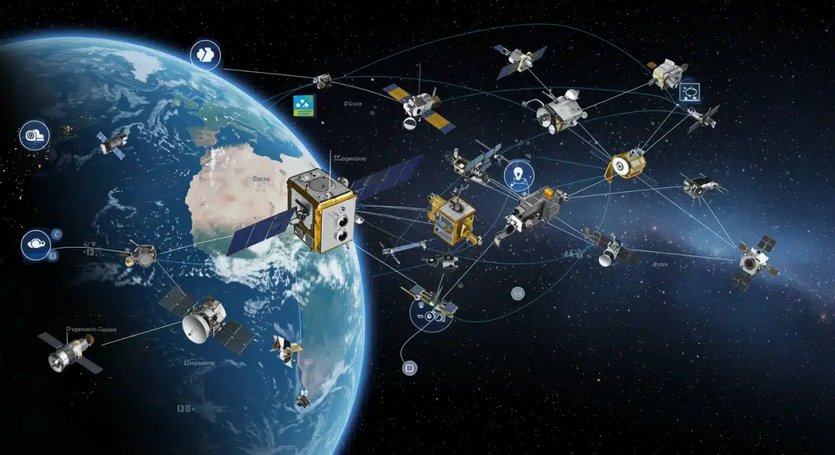 Satellite constellation around Earth with data streams, symbolizing space traffic management.