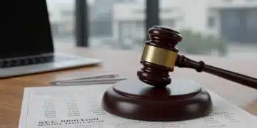 Gavel on financial documents with 'SEC Regulations 2025' text, symbolizing legal and financial changes.