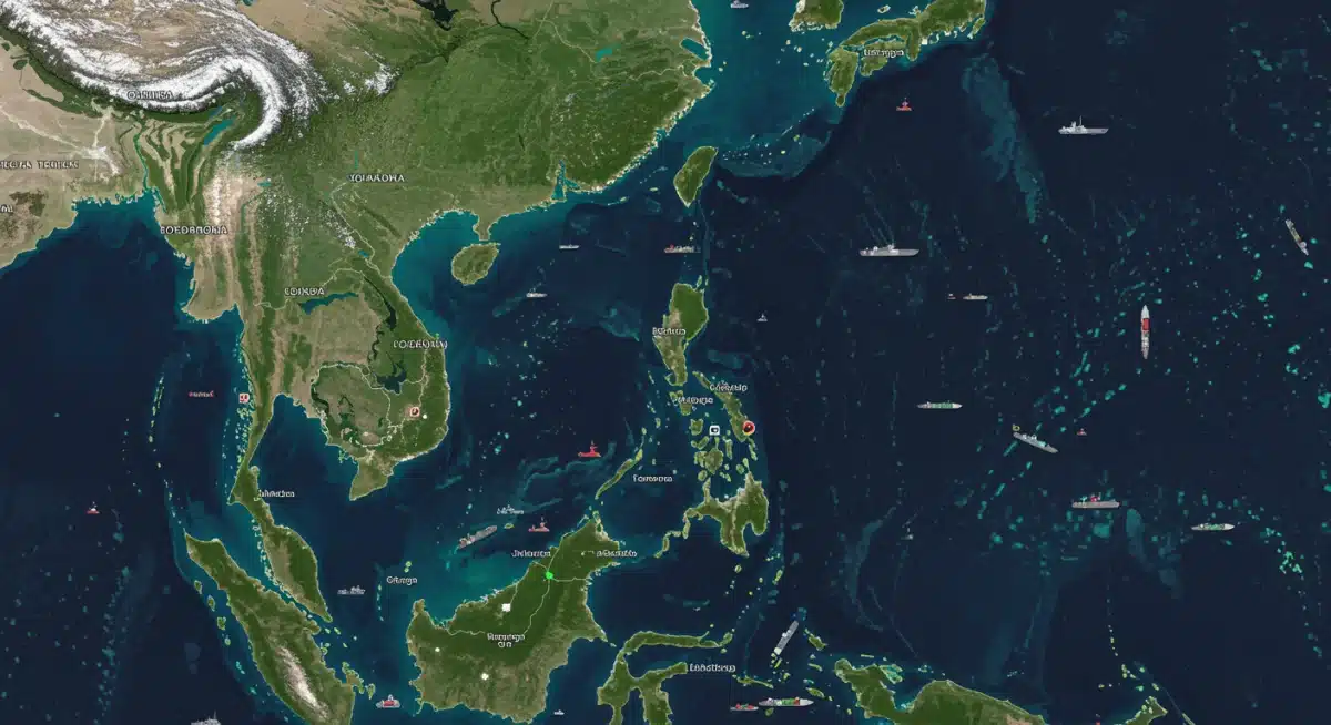 Satellite view of the South China Sea, emphasizing strategic maritime routes and naval presence.