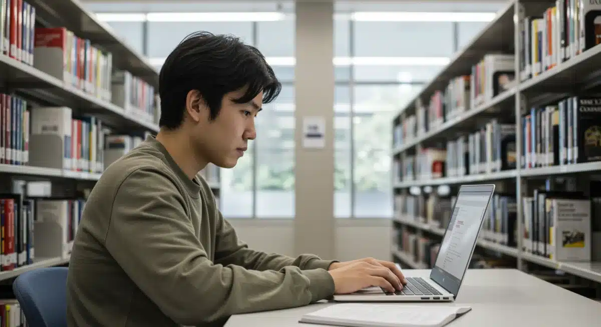 Student researching scholarship opportunities on laptop in a library.