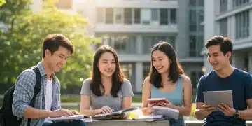 College students studying together on a vibrant campus with modern buildings