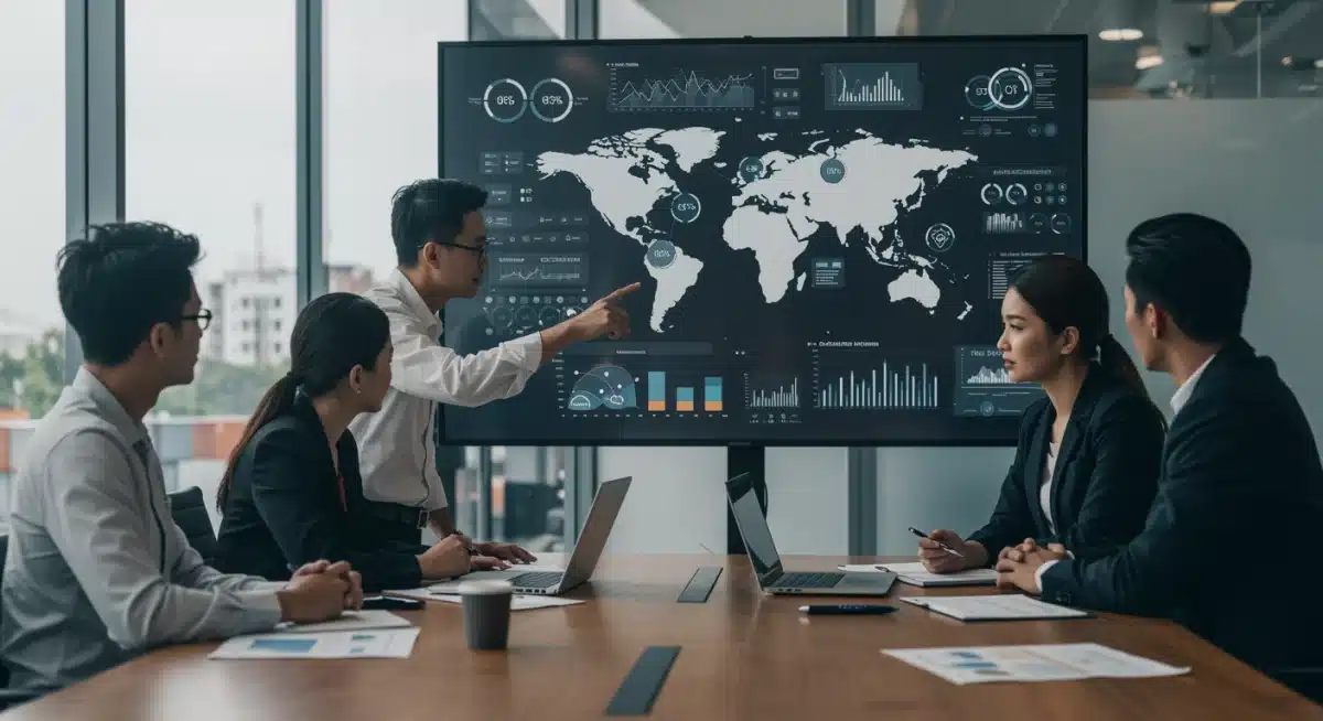 Business team analyzing global supply chain data and risk assessments on a large screen