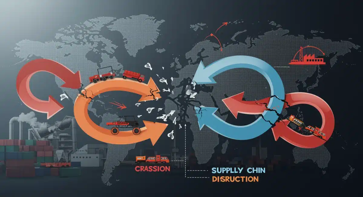 Supply chain disruptions caused by international economic sanctions, showing broken trade routes.