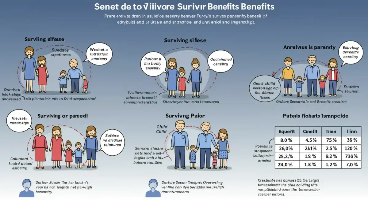 Infographic showing eligibility criteria and percentage payouts for Social Security survivor benefits for spouses, children, and parents.