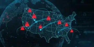 Digital map of the US with cyber threat indicators