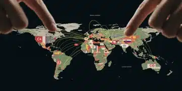 Global map showing US economic sanctions impacting various countries in 2025, with digital overlays.