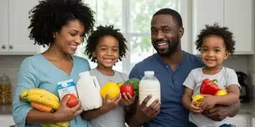 Smiling family in kitchen with healthy WIC foods