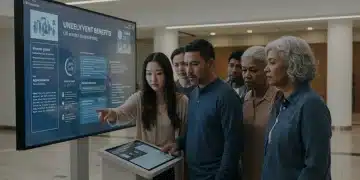 People reviewing unemployment benefit information on a screen in 2026.