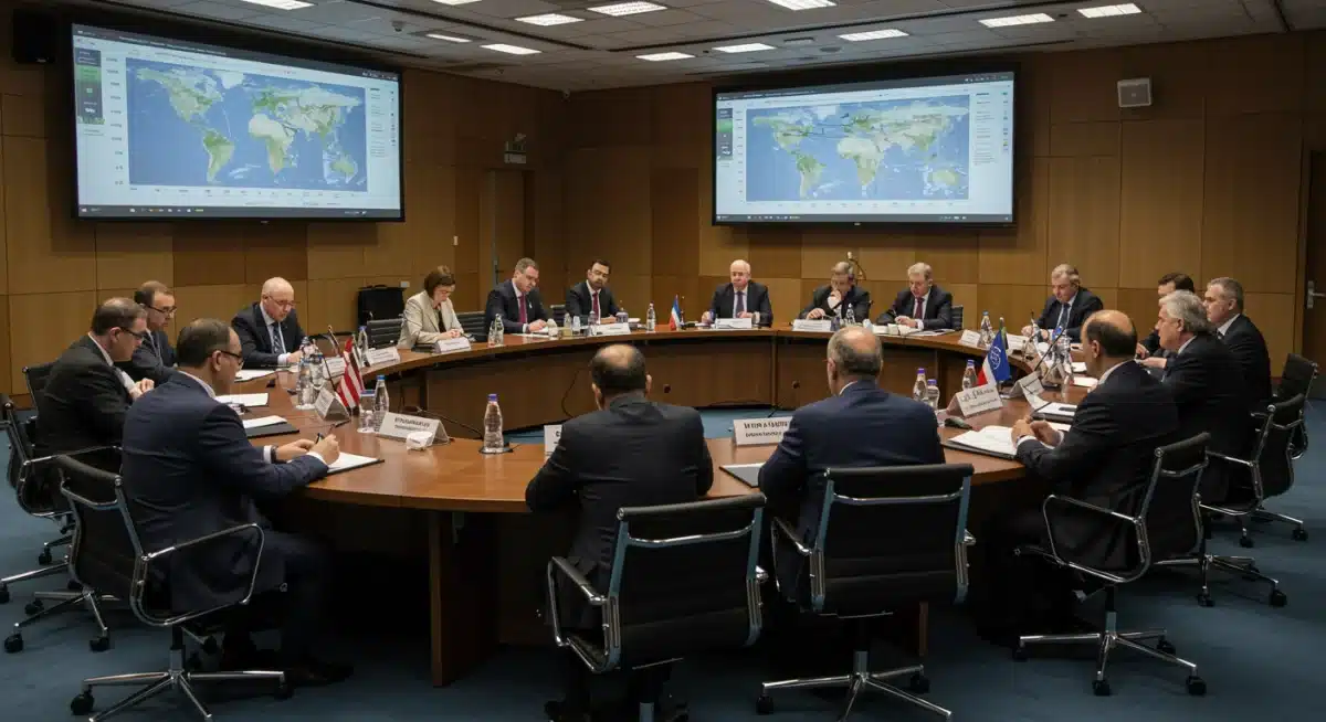 Diplomats in a conference room discussing global challenges and strategic planning related to UN resolutions.