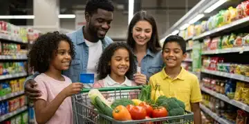 Family smiling with groceries and EBT card in a supermarket, symbolizing maximized food assistance