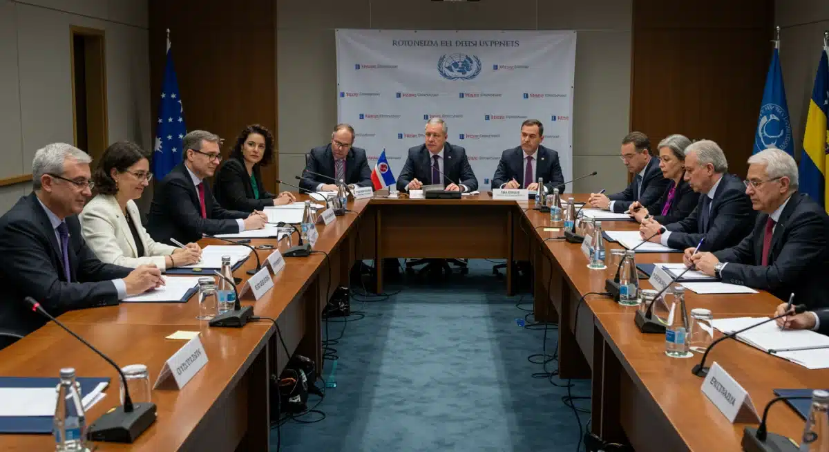 Diplomats discussing global cooperation at an international conference